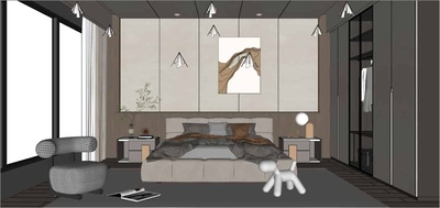 现代侘寂风卧室SU模型 30套合集