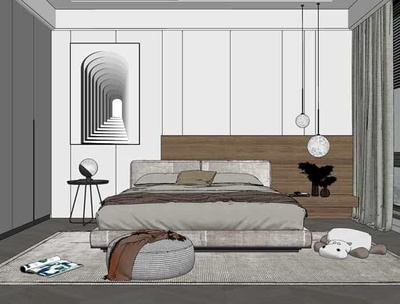 现代新中式床具床头柜SU模型30套