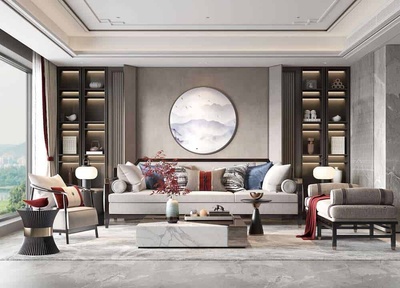 新中式客厅3Dmax场景模型19套+无水印效果图