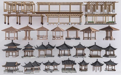 中式风格庭院公园休息区景观凉亭SU模型