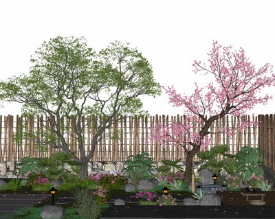 庭院植物组合乔木灌木地被石头SU模型